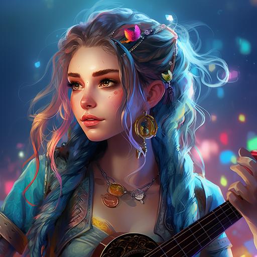 fantasy theme of a young lady, dungeons and dragons, pointy elf ears, a few freckles, pale skin, dnd, button nose, cute face, blue eyes, teal hair in thick braids, hair ribbons, colorful, vibrant neon colours, sparkly, glitter, lute, bard, musical, pretty, dangly earrings, heart shaped face