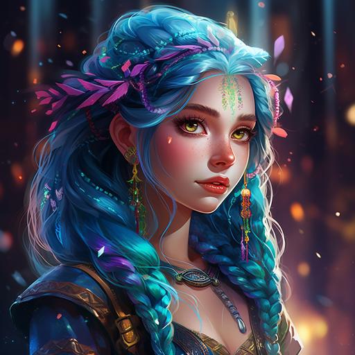 fantasy theme of a young lady, dungeons and dragons, elf ears, a few freckles, pale skin, button nose, cute face, bright blue eyes, teal hair in thick braids, hair ribbons, colorful, vibrant neon colours, sparkly, glitter, pretty, dangly earrings, pointy ears, heart shaped face