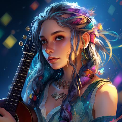 fantasy theme of a young lady, dungeons and dragons, pointy elf ears, a few freckles, pale skin, dnd, button nose, cute face, blue eyes, teal hair in thick braids, hair ribbons, colorful, vibrant neon colours, sparkly, glitter, lute, bard, musical, pretty, dangly earrings, heart shaped face