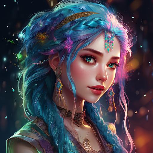 fantasy theme of a young lady, dungeons and dragons, elf ears, a few freckles, pale skin, button nose, cute face, bright blue eyes, teal hair in thick braids, hair ribbons, colorful, vibrant neon colours, sparkly, glitter, pretty, dangly earrings, pointy ears, heart shaped face