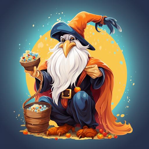 fantasy wizard with the head of a cartoon toucan cereal mascot. Toucan Sam but as Gandalf.