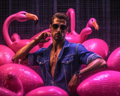 far-shot angle, extremey attractive muscular mexican guy with nice pecs dripping with beads of water, wearing pink tinted sunglasses swimming in a backyard pool using a pink flamingo ring float, photo, photograph, photorealistic --ar 5:4 --chaos 1 --stylize 1000