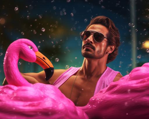 far-shot angle, extremey attractive muscular mexican guy with nice pecs dripping with beads of water, wearing pink tinted sunglasses swimming in a backyard pool using a pink flamingo ring float, photo, photograph, photorealistic --ar 5:4 --chaos 1 --stylize 1000