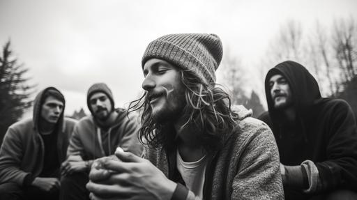 far-shot angle, fire pit, very attractive male friends wearing beanies beanie hats while smoking cigarettes outside around an oil drum fire, steamy breath exhalation clouds from the cold temperature, cigarette smoke, hipsters, portland oregon, by Dorothea Lange, black and white film, award-winning photo, editorial photo --ar 16:9 --stylize 200 --chaos 1 --no color, colors