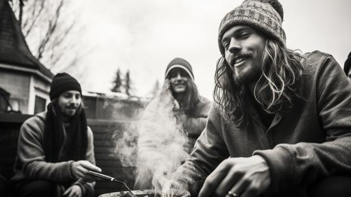 far-shot angle, fire pit, very attractive male friends wearing beanies beanie hats while smoking cigarettes outside around an oil drum fire, steamy breath exhalation clouds from the cold temperature, cigarette smoke, hipsters, portland oregon, by Dorothea Lange, black and white film, award-winning photo, editorial photo --ar 16:9 --stylize 200 --chaos 1 --no color, colors