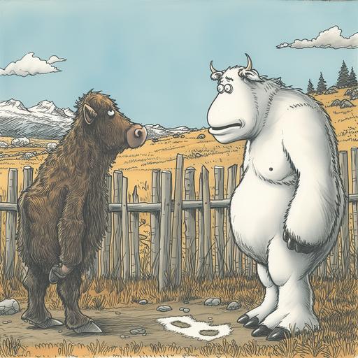 far side illustration, comic by Gary Larson, a yeti angry at wife for leaving cow prints in the garden, --v 6.0 --s 250