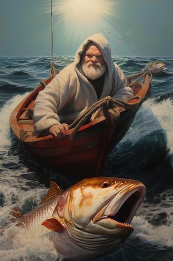 homen no barco com vara de pescar nas mãos brigando com um peixe grande saltando no mar