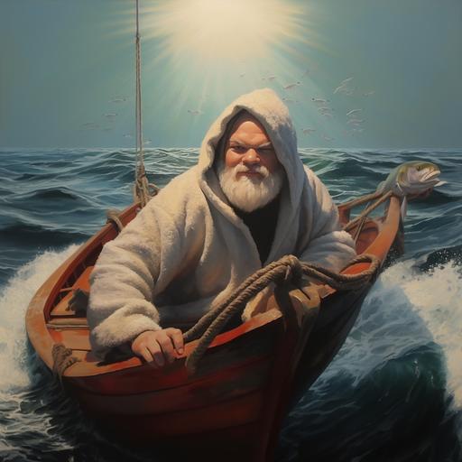 homen no barco com vara de pescar nas mãos brigando com um peixe grande saltando no mar