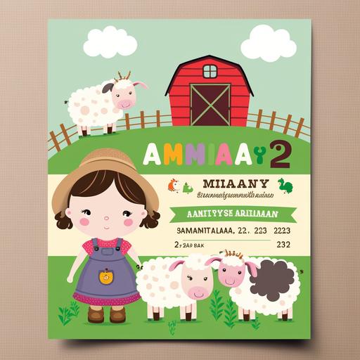 farm themed birthday party invitation, name Maya, age 2 anos, location Pátio 239