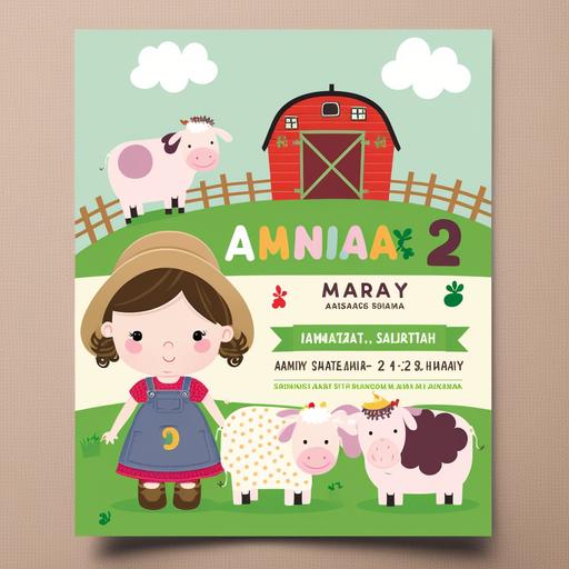 farm themed birthday party invitation, name Maya, age 2 anos, location Pátio 239