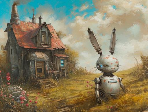 farm with a robot rabbit in the field, both are in the void --ar 4:3 --v 6.0