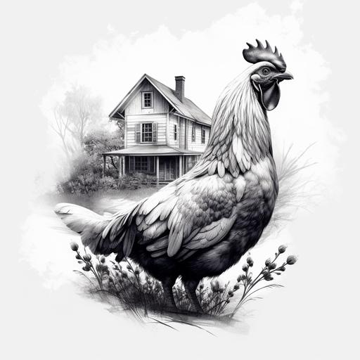 farmhouse chicken:: hand drawn sketch, black lines, highly detailed:: isolated white background