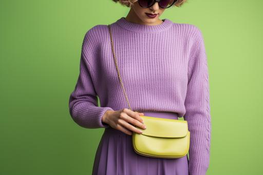 fashion and style woman in a pink sweater and green dress with purse, in the style of light purple and yellow, pop-culture-infused, consumer culture critique, olivia locher, retro chic, minimalist approach, light purple and purple --ar 3:2