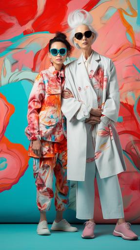 fashion create, titled happy, love, avant-garde style, margiela-like, fashion model is wearing it, surreal background, Korean, mature mom and adult daughter, look each other, fashion pose, full body, --ar 9:16