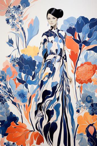 fashion design sketch, floral wallpaper, in the style of erik madigan heck --ar 2:3