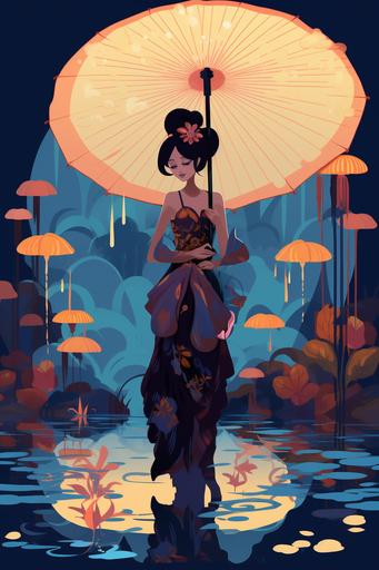 fashion design sketch of a girl with an umbrella is standing in a pond and she is holding a feather, in the style of romantic moonlit seascapes, neo fauvist, colorful costumes, inspired by folklore, lyco art, hurufiyya, kitsch and camp charm, flowerpunk --ar 2:3