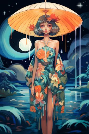 fashion design sketch of a girl with an umbrella is standing in a pond and she is holding a feather, in the style of romantic moonlit seascapes, neo fauvist, colorful costumes, inspired by folklore, lyco art, hurufiyya, kitsch and camp charm, flowerpunk --ar 2:3