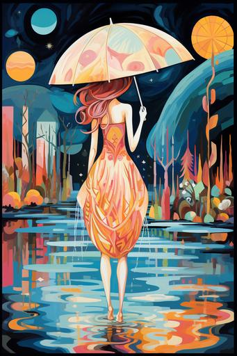 fashion design sketch of a girl with an umbrella is standing in a pond and she is holding a feather, in the style of romantic moonlit seascapes, neo fauvist, colorful costumes, inspired by folklore, lyco art, hurufiyya, kitsch and camp charm, flowerpunk --ar 2:3