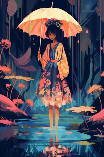 fashion design sketch of a girl with an umbrella is standing in a pond and she is holding a feather, in the style of romantic moonlit seascapes, neo fauvist, colorful costumes, inspired by folklore, lyco art, hurufiyya, kitsch and camp charm, flowerpunk --ar 2:3