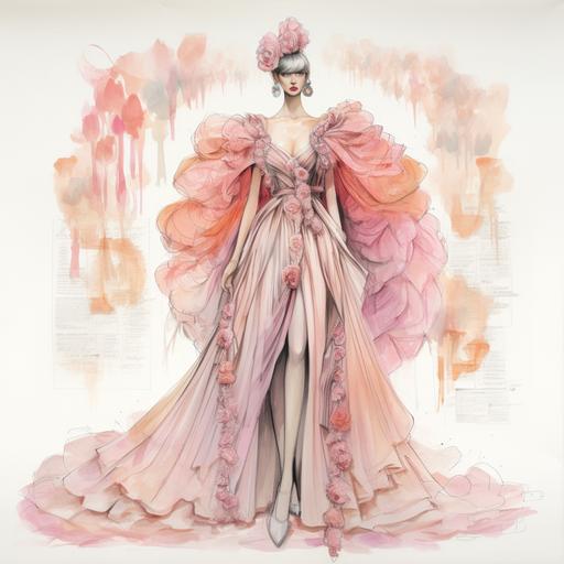 fashion design sketch of a late-1970s avant garde vogue ball culture inspired by Anna Wintour and Marie Antoinette royal costume