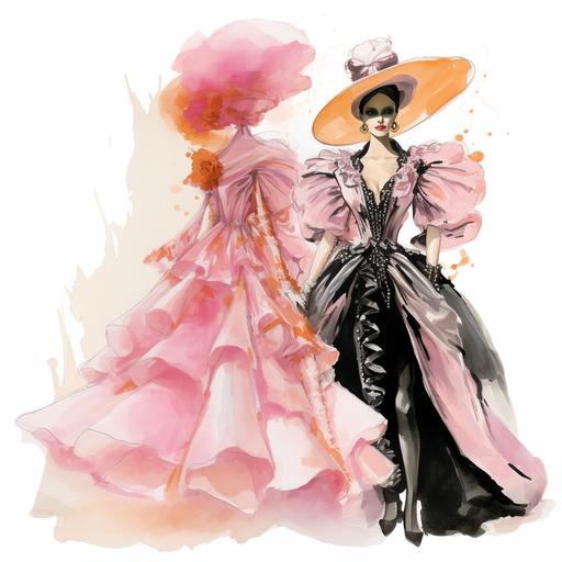 fashion design sketch of a late-1970s avant garde vogue ball culture inspired by Anna Wintour and Marie Antoinette royal costume