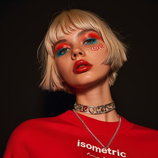 fashion foto shoot, full body image, of a 18 year old model who wears a cropped poppy red sweater with an embroidered white logo 