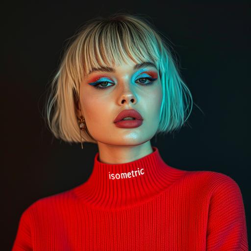 fashion foto shoot, full body image, of a 18 year old model who wears a cropped poppy red sweater with an embroidered white logo 