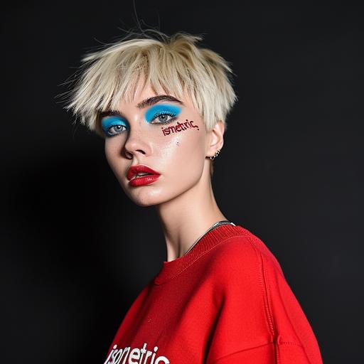 fashion foto shoot of a 18 year old model who wears a cropped poppy red sweater with an embroidered white logo 