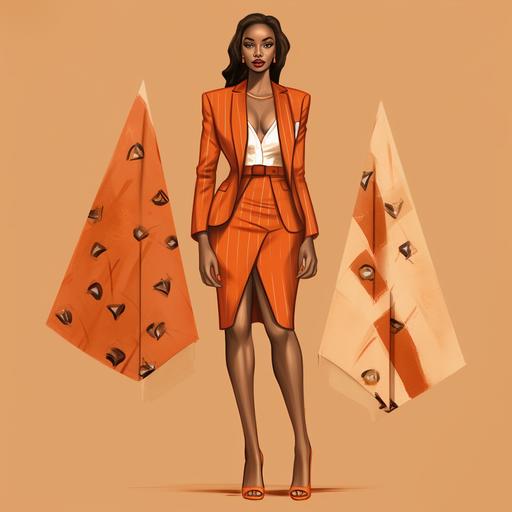 fashion illustration of an Afrocentric blazer and skirt set, using African mudcloth motifs, with gold buttons on the blazer, in a rich fall orange color and a matching pencil midi skirt with a defined waistline to flatter the body and side skirt slit for ease of movement.