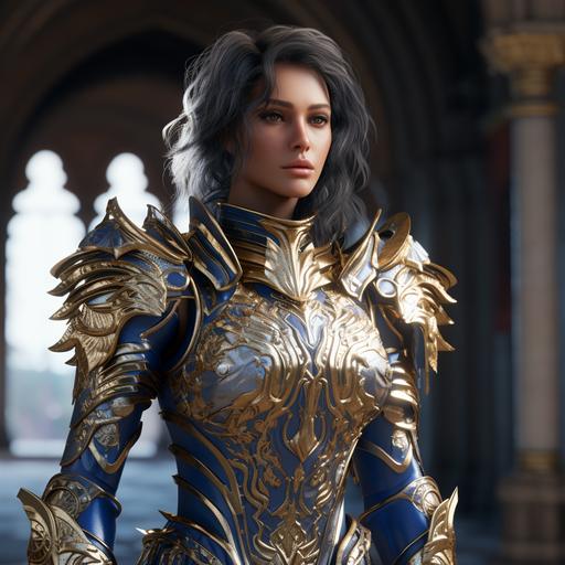 fashion, luxury, extreme detail, female armor, Royal blue and gold details, 4K, HD, realistic, octane render, Indian armor, full coverage, plate armor, holding a weapon made of ice, foggy plain, detailed background