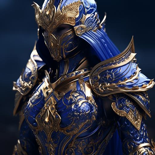 fashion, luxury, extreme detail, female armor, Royal blue and gold details, 4K, HD, realistic, octane render, Indian armor, full coverage, plate armor, holding a weapon made of ice, foggy plain, detailed background