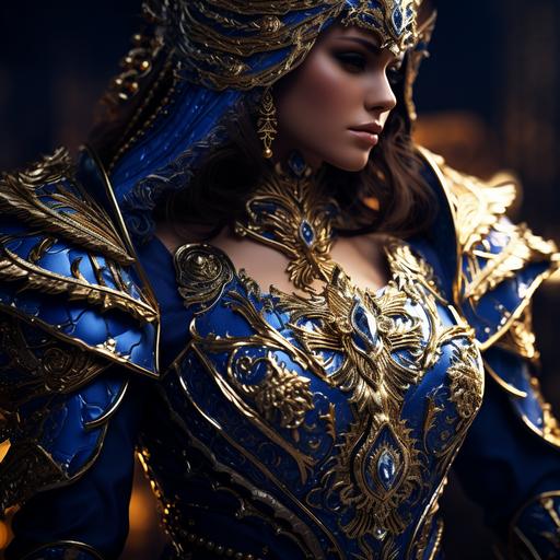fashion, luxury, extreme detail, woman, Royale Blue and Gold details, Combination of Greek and Indian armor, 4K, HD