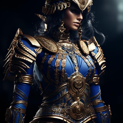 fashion, luxury, extreme detail, woman, Royale Blue and Gold details, Combination of Greek and Indian armor, 4K, HD