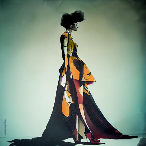 fashion model dressed in an Alexander McQueen gown, moth print, graphic outline, female character design, painted by Malcolm Liepke --testp --creative --upbeta