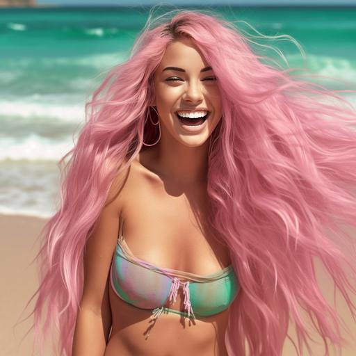 fashion, naked woman covered in long pink hair, sexy, beach, turquoise crystal water, yellow sand, wavy hair, tanned girl, beautiful smile, fake eyelashes, modern, colorful, photo HD, realistic photo
