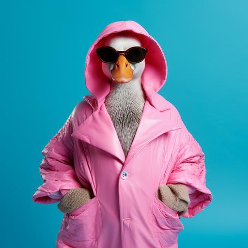 fashion photograph of a funny duck wearing 1970s pink clothing, photography for vogue magazine, full body, studio light, azure background