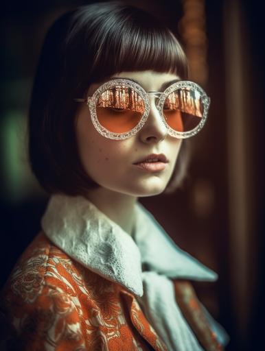 fashion photography, hyper-realistic, a beautiful girl, attractive, 20 years old, short brunette, Anna Karina, Saorise Ronan, front view :: white decorated lace dress, high collar, round sunglasses, sweaty :: standing in a historical boarding school, luxury, wealthy, highly detailed, empty, decorated stained glass in the high victorian windows, curtains :: polarized lens, double exposure orange patterns, Leica M6, 85mm, volumetric light --ar 3:4 --v 5 --q 5