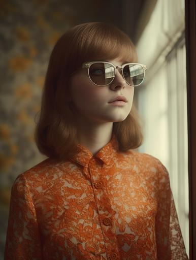 fashion photography, hyper-realistic, a beautiful girl, attractive, 20 years old, short brunette, Anna Karina, Saorise Ronan, front view :: white decorated lace dress, high collar, round sunglasses, sweaty :: standing in a historical boarding school, luxury, wealthy, highly detailed, empty, decorated stained glass in the high victorian windows, curtains :: polarized lens, double exposure orange patterns, Leica M6, 85mm, volumetric light --ar 3:4 --v 5 --q 5