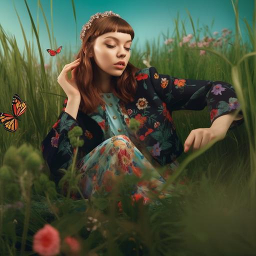 fashion photography with these element, grass, outdoor, flowers, girl playing look happy, interating with an animated animal , playing with butterfly --v 5