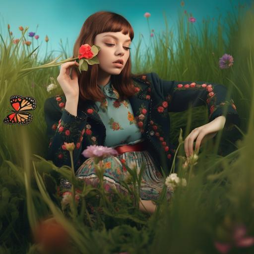 fashion photography with these element, grass, outdoor, flowers, girl playing look happy, interating with an animated animal , playing with butterfly --v 5