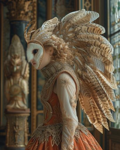 fashion photoshoot, with heliocentric flying wings and horned owl, in the style of renaissance perspective and anatomy, kubisi art, biblical iconography, imagery, celestialpunk, frank xavier leyendecker, golden ratio --ar 91:114 --stylize 750 --v 6.0