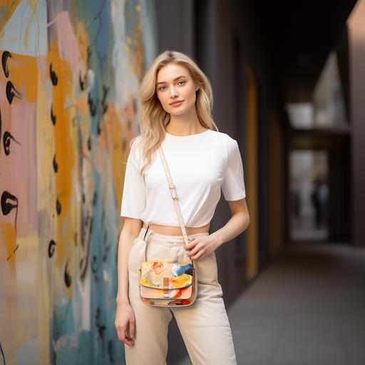 fashion photoshoot with model, tiny handbag, cross body bag. Painted cityscape.
