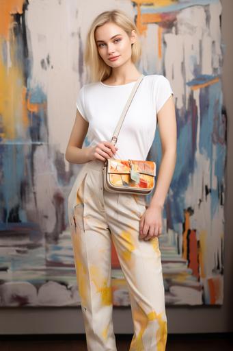 fashion photoshoot with model, tiny handbag, cross body bag. Painted cityscape.