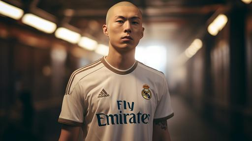 fashion portrait photography of a young asian man with shaved hair wearing Real Madrid CF jersey and a golden necklace, neutral sports court background, flat light, manga body proportion, bottom-up camera, sky, 16K --ar 16:9