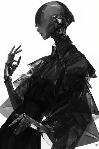 fashion robot with translucent carapace and featureless head, graceful limbs show new fashion clothing draped elegantly with tasteful accessories, rough monotone charcoal fashion illustration --ar 2:3 --niji 6