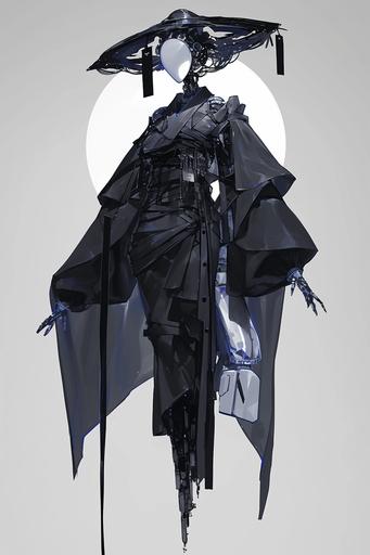 fashion robot with translucent carapace and featureless head, graceful limbs show new fashion clothing draped elegantly with tasteful accessories, rough monotone charcoal fashion illustration --ar 2:3 --niji 6