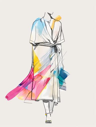 fashion sketch of minimalist A-line cut dress urban style, with large pockets::2 Vinicunca rainbow mountain inspired, by Piet Mondrian, flat bold vivid colors, bold black outline, striking effect --ar 3:4 --v 6.0 --style raw