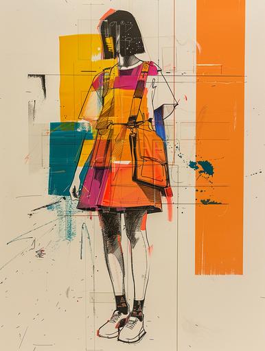 fashion sketch of minimalist A-line cut dress urban style, with large pockets::2 Vinicunca rainbow mountain inspired, by Piet Mondrian, flat bold vivid colors, bold black outline, striking effect --ar 3:4 --v 6.0 --style raw --s 250