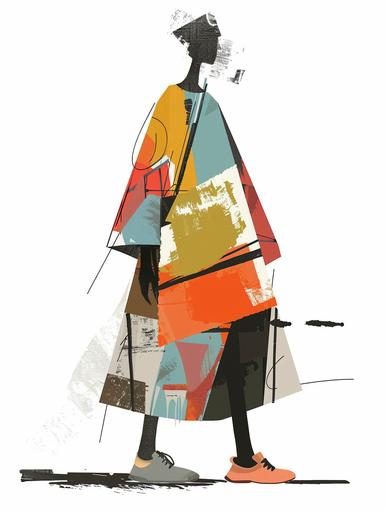 fashion sketch of minimalist A-line cut dress urban style, with large pockets::2 Vinicunca rainbow mountain inspired, by Piet Mondrian, flat bold vivid colors, bold black outline, striking effect --ar 3:4 --v 6.0 --style raw --s 250