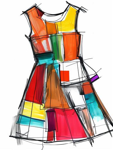 fashion sketch of minimalist A-line cut dress urban style, with large pockets::2 Vinicunca rainbow mountain inspired, by Piet Mondrian, flat bold vivid colors, bold black outline, striking effect --ar 3:4 --v 6.0 --style raw